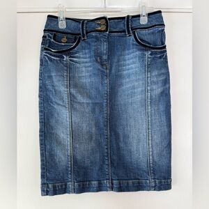 Karen Millen Denim Pencil Skirt Above Knee Straight Navy Blue Tipped Size 6